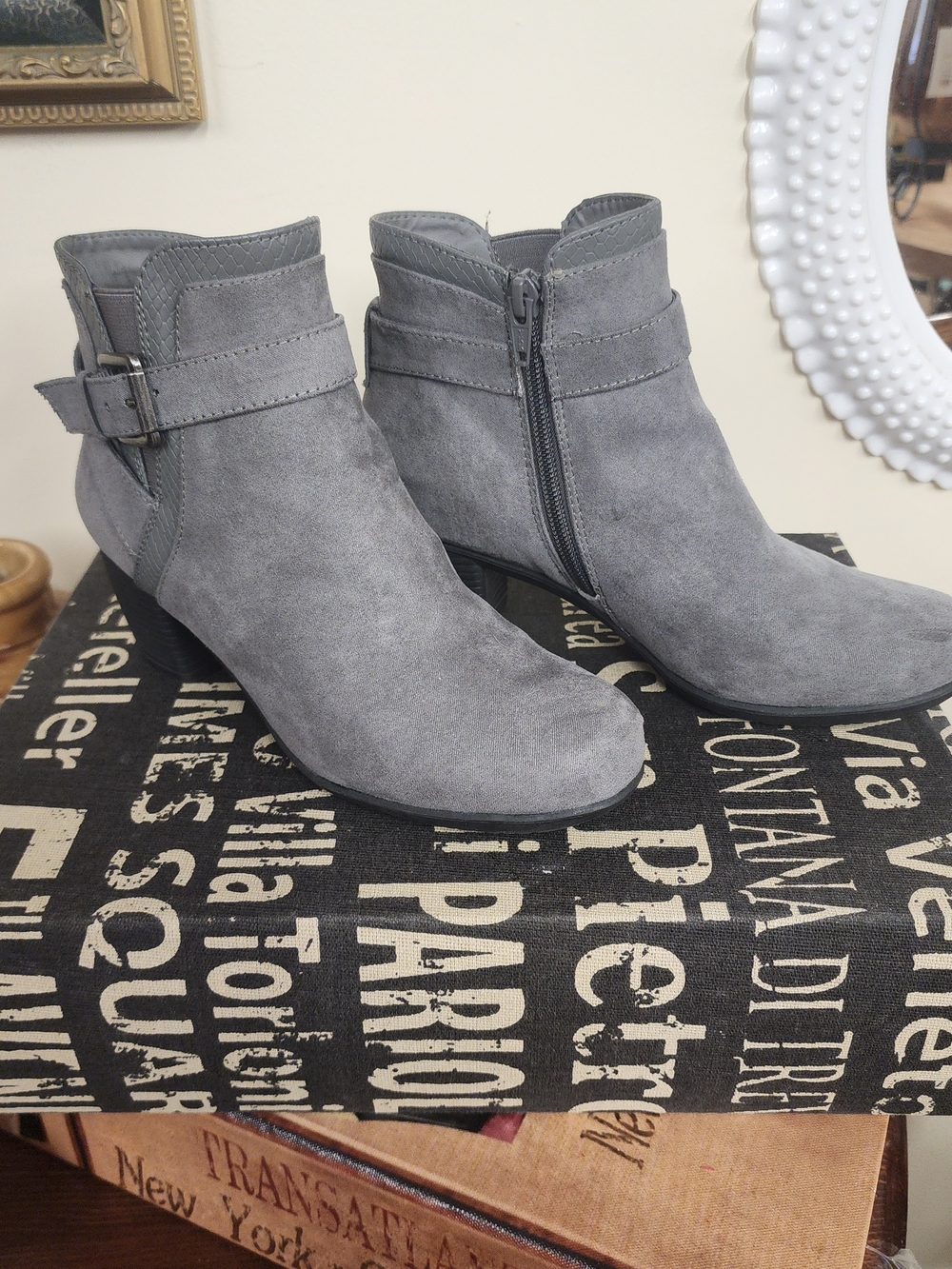 croft & barrow Gray Suede Ankle Booties with Side Buckle
